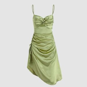 Cider NWT Green Satin Ruched Cut out midi dress